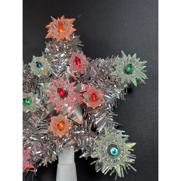Silver Tinsel Lighted Christmas Tree Top Topper 5 Point Multi Color Box 6" - Picture 5 of 5